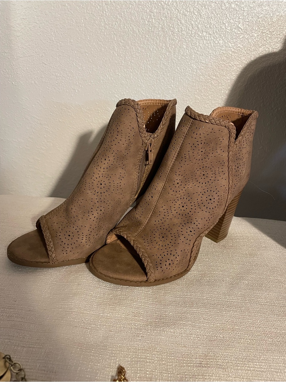 Women's Open-Toe Perforated Suede Block Heel Ankle Booties - Taupe